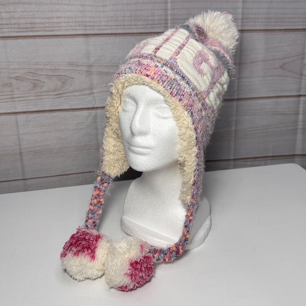 Robin Ruth Michigan Pink White Space Dye Knit Trapper Hat Faux Fur Lined Pom Pom